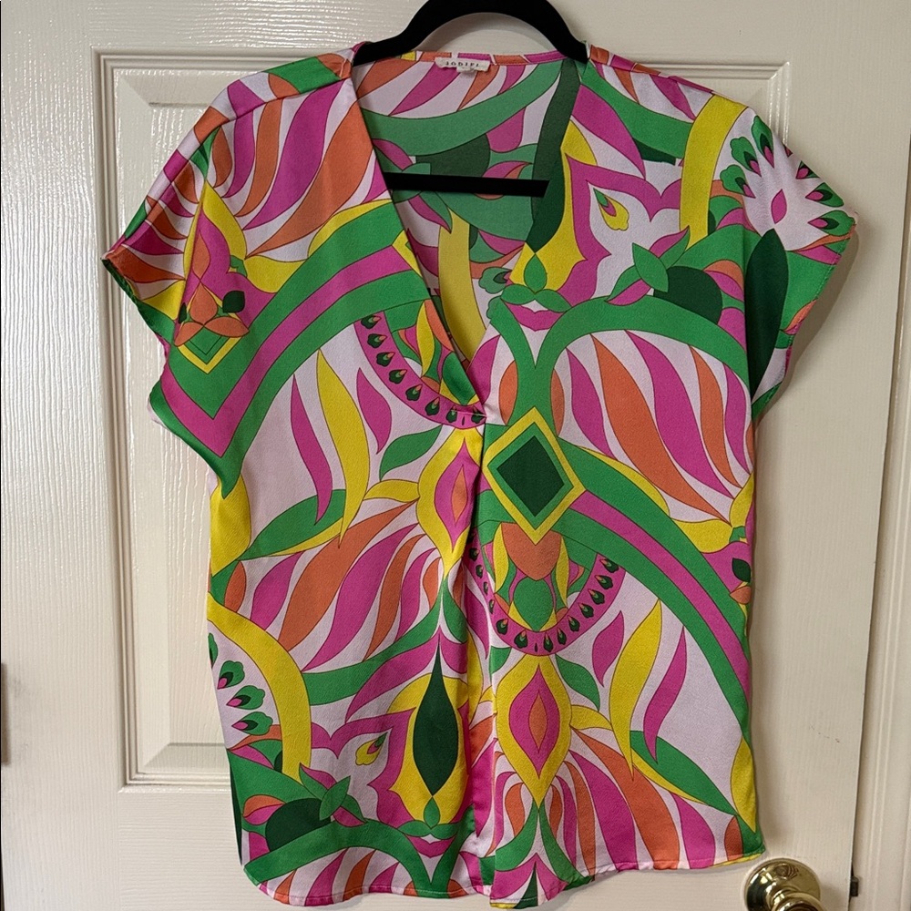 JODIFL Multicolor Abstract V-Neck Blouse - Pink, Green, Yellow, Orange